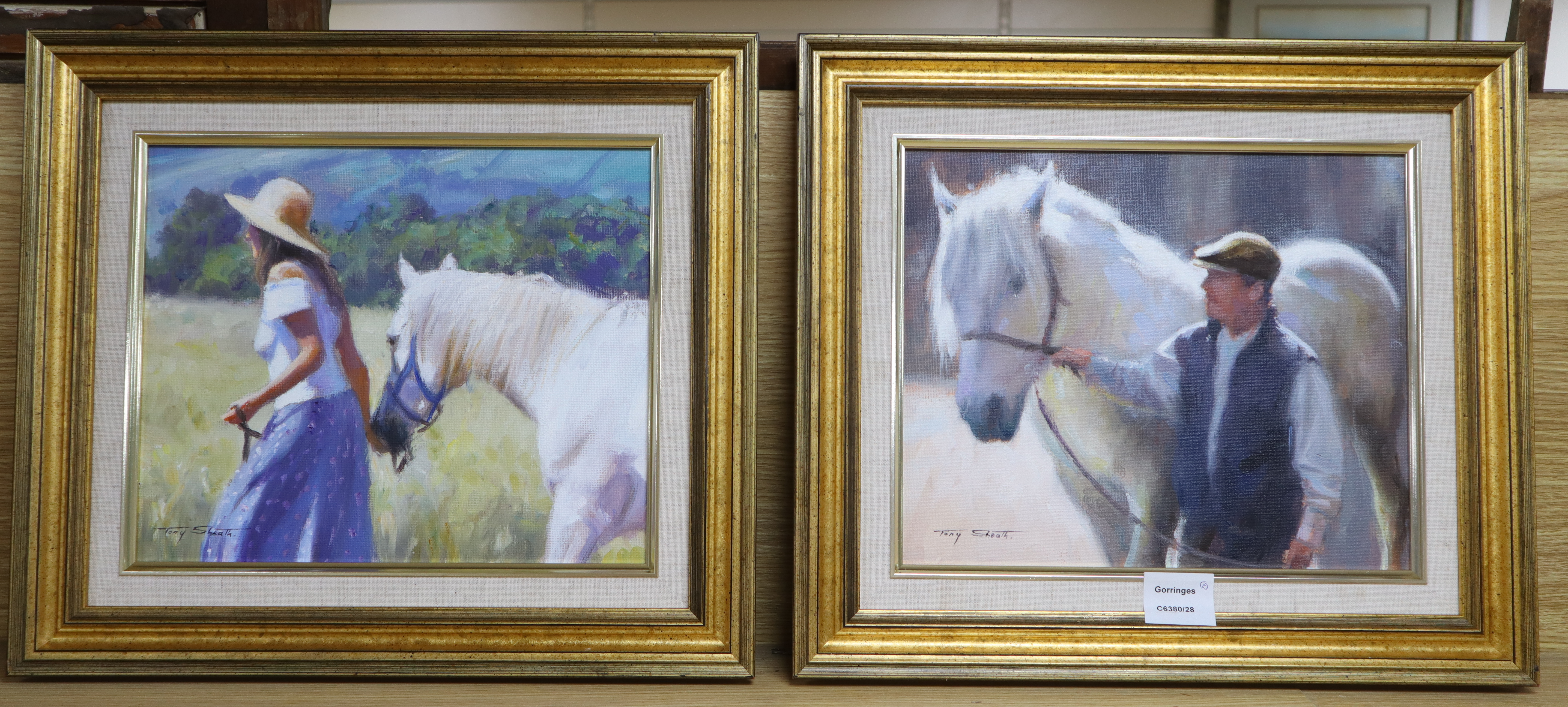 Tony Sheath, pair of oils on board, Figures with horses, 24 x 29cm